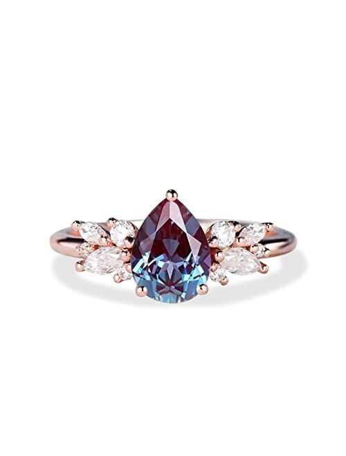 Bbbgem Pear Shaped Alexandrite Engagement Ring 1.25ct Teardrop Alexandrite Wedding Ring June Birthstone Cluster Color-Change Alexandrite Ring Unique Promise Ring Annivers