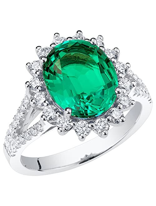 Peora Created Colombian Emerald with Lab Grown Diamonds Ring for Women 14K White or Yellow Gold, 4.25 Carats Total, Vivid Green 11x9mm Oval Shape, Sizes 4 to 10