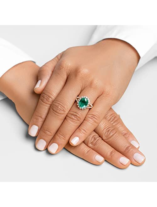 Peora Created Colombian Emerald with Lab Grown Diamonds Ring for Women 14K White or Yellow Gold, 4.25 Carats Total, Vivid Green 11x9mm Oval Shape, Sizes 4 to 10