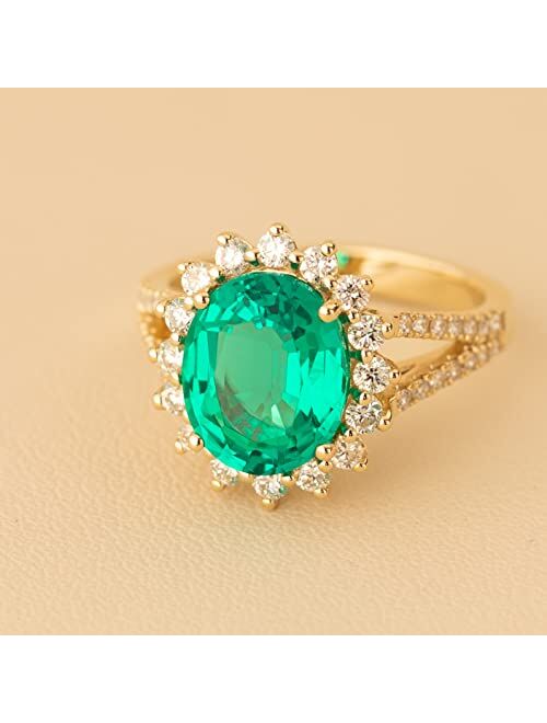 Peora Created Colombian Emerald with Lab Grown Diamonds Ring for Women 14K White or Yellow Gold, 4.25 Carats Total, Vivid Green 11x9mm Oval Shape, Sizes 4 to 10