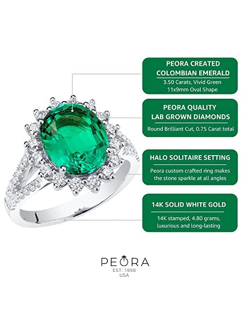 Peora Created Colombian Emerald with Lab Grown Diamonds Ring for Women 14K White or Yellow Gold, 4.25 Carats Total, Vivid Green 11x9mm Oval Shape, Sizes 4 to 10