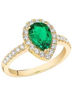 Created Colombian Emerald with Lab Grown Diamonds Teardrop Engagement Ring for Women 14K White or Yellow Gold, 1.70 Carats Total, Vivid Green 9x6mm Pear Shape, Size