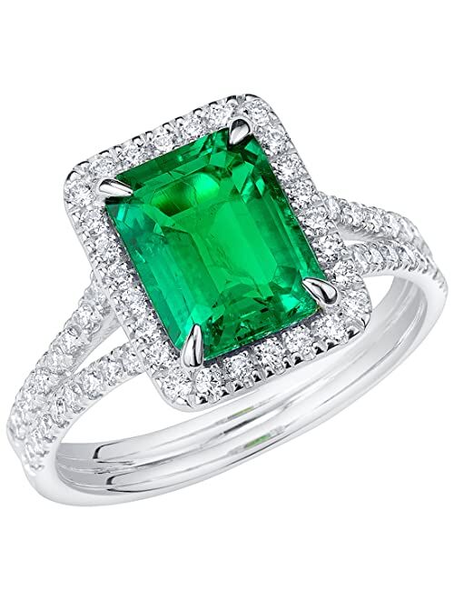 Peora Created Colombian Emerald with Lab Grown Diamonds Half-Eternity Solitaire Ring for Women 14K White or Yellow Gold, 2.50 Carats Total, Vivid Green 9x7mm Emerald Cut,