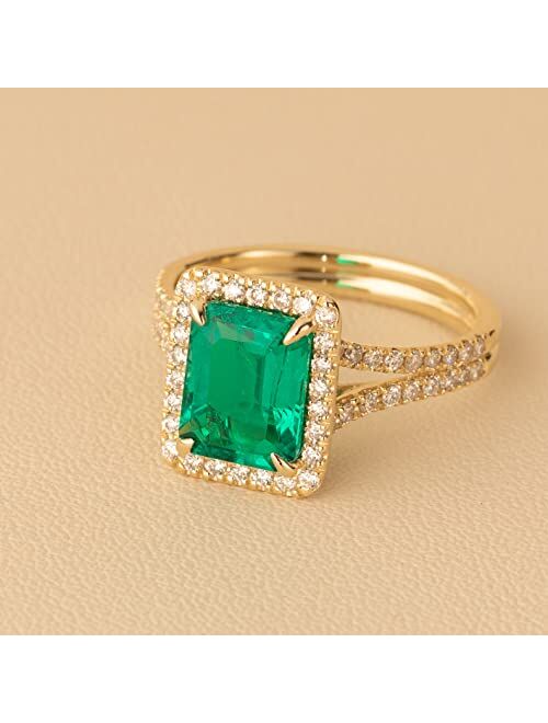 Peora Created Colombian Emerald with Lab Grown Diamonds Half-Eternity Solitaire Ring for Women 14K White or Yellow Gold, 2.50 Carats Total, Vivid Green 9x7mm Emerald Cut,