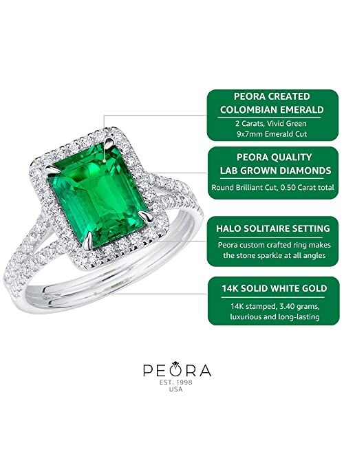 Peora Created Colombian Emerald with Lab Grown Diamonds Half-Eternity Solitaire Ring for Women 14K White or Yellow Gold, 2.50 Carats Total, Vivid Green 9x7mm Emerald Cut,