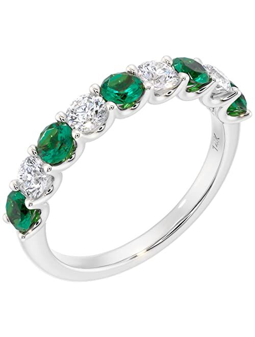 Peora Solid 14K Gold 1 Carat Lab Grown Diamond and Created Emerald 9-Stone Half Eternity Band for Women, Wedding Anniversary Stackable Ring, Sizes 4 to 10