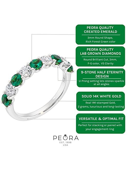 Peora Solid 14K Gold 1 Carat Lab Grown Diamond and Created Emerald 9-Stone Half Eternity Band for Women, Wedding Anniversary Stackable Ring, Sizes 4 to 10