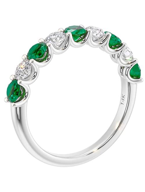 Peora Solid 14K Gold 1 Carat Lab Grown Diamond and Created Emerald 9-Stone Half Eternity Band for Women, Wedding Anniversary Stackable Ring, Sizes 4 to 10