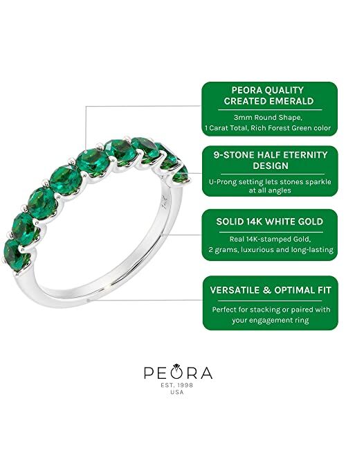 Peora Solid 14K Gold 1 Carat Created Emerald 9-Stone Half Eternity Band for Women, Wedding Anniversary Stackable Ring, Sizes 4 to 10