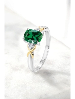 Gem Stone King 2 Tone 10K Yellow Gold and 925 Sterling Silver Green Created Emerald and White Lab Grown Diamond Engagement Ring For Women (1.18 Cttw, Available in Size 5,