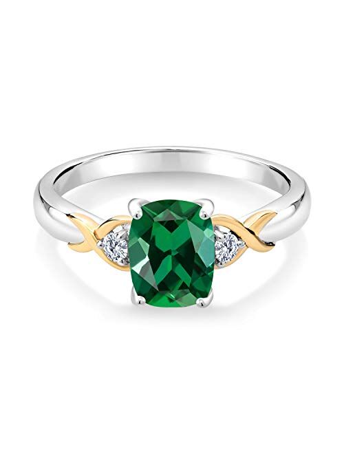 Gem Stone King 2 Tone 10K Yellow Gold and 925 Sterling Silver Green Created Emerald and White Lab Grown Diamond Engagement Ring For Women (1.18 Cttw, Available in Size 5,