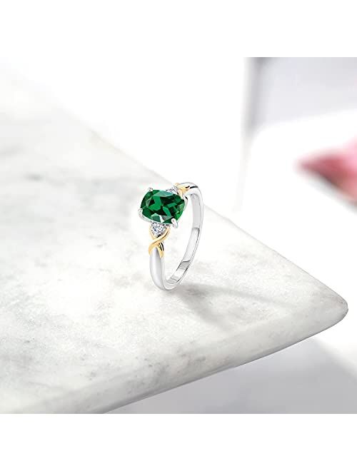 Gem Stone King 2 Tone 10K Yellow Gold and 925 Sterling Silver Green Created Emerald and White Lab Grown Diamond Engagement Ring For Women (1.18 Cttw, Available in Size 5,