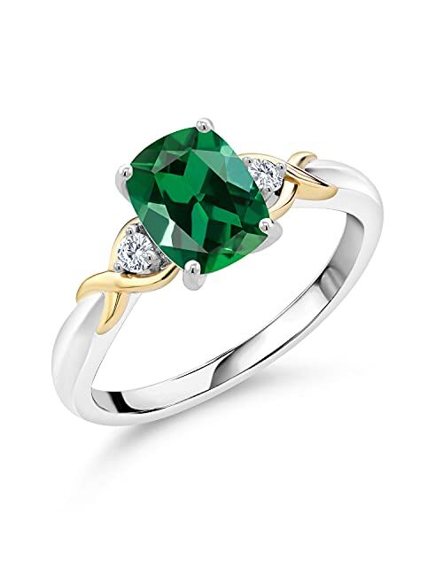 Gem Stone King 2 Tone 10K Yellow Gold and 925 Sterling Silver Green Created Emerald and White Lab Grown Diamond Engagement Ring For Women (1.18 Cttw, Available in Size 5,