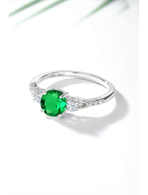 Gem Stone King 10K White Gold Simulated Emerald White Created Sapphire and Diamond Accent 3 Stone Women Engagement Ring (0.92 Cttw, Available In Size 5,6,7,8,9)