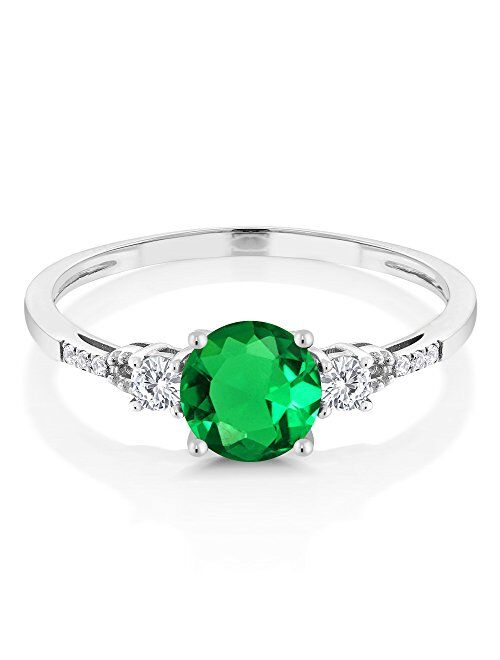 Gem Stone King 10K White Gold Simulated Emerald White Created Sapphire and Diamond Accent 3 Stone Women Engagement Ring (0.92 Cttw, Available In Size 5,6,7,8,9)