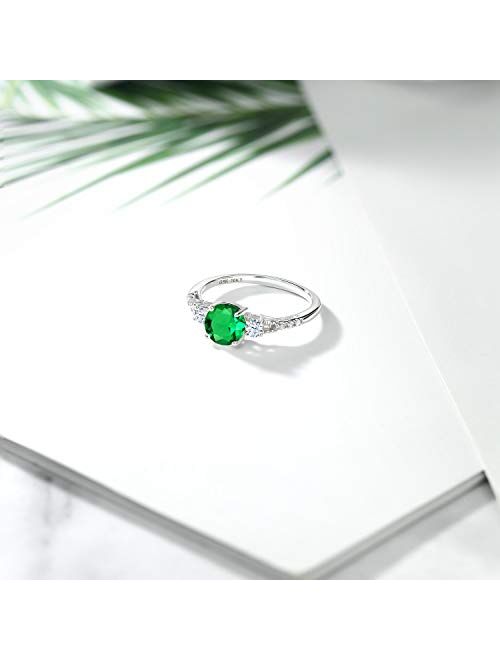 Gem Stone King 10K White Gold Simulated Emerald White Created Sapphire and Diamond Accent 3 Stone Women Engagement Ring (0.92 Cttw, Available In Size 5,6,7,8,9)