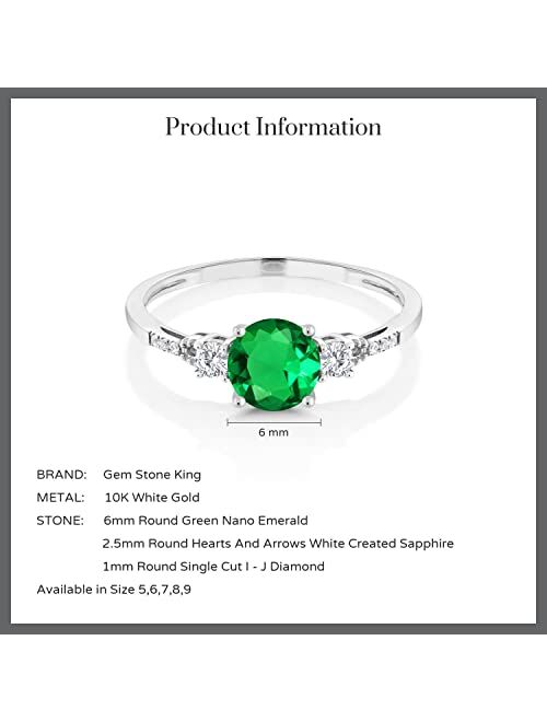 Gem Stone King 10K White Gold Simulated Emerald White Created Sapphire and Diamond Accent 3 Stone Women Engagement Ring (0.92 Cttw, Available In Size 5,6,7,8,9)