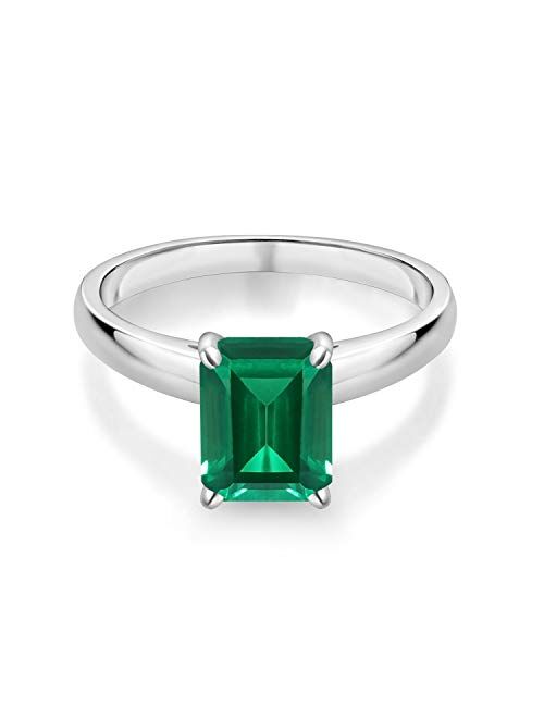 Gem Stone King 2.00 Ct Emerald Cut Green Simulated Emerald 10K White Gold Ring