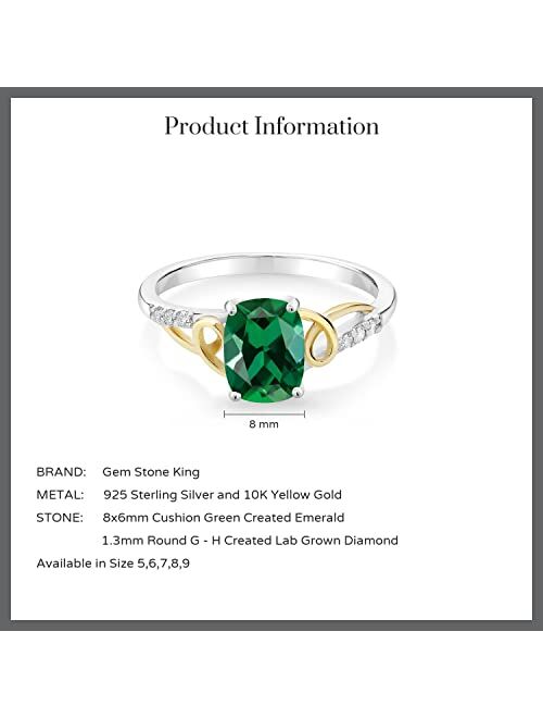 Gem Stone King 2 Tone 10K Yellow Gold and 925 Sterling Silver Green Created Emerald and White Lab Grown Diamond Engagement Ring For Women (1.16 Cttw, Available in Size 5,