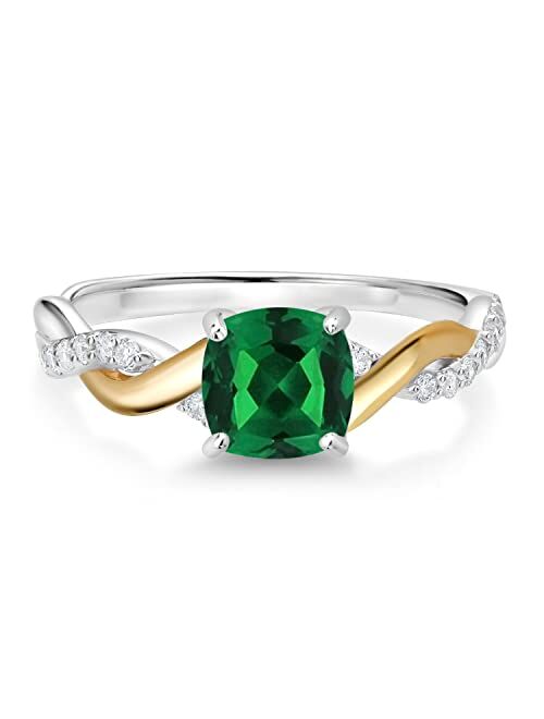 Gem Stone King 925 Silver and 10K Yellow Gold Cushion Green Nano Emerald and White Lab Grown Diamond Knot Eternity Women Engagement Ring (1.11 Cttw, Available In Size 5, 