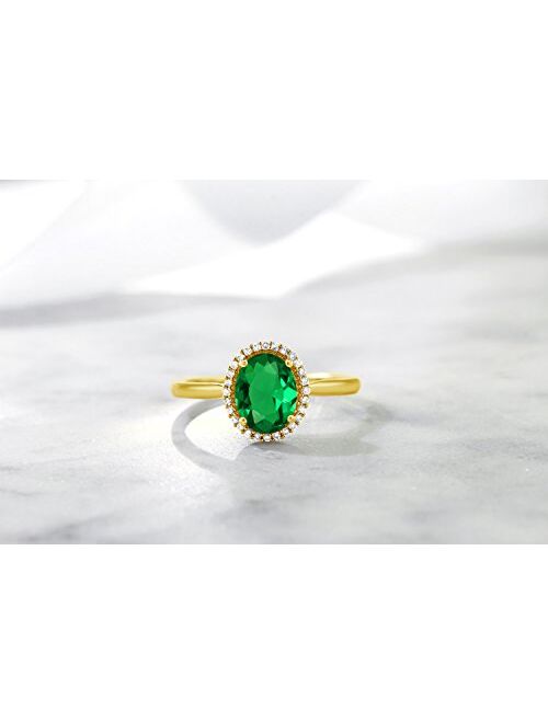 Gem Stone King 10K Yellow Gold Green Simulated Emerald and Diamond Engagement Ring For Women (1.00 Cttw, Oval 8X6MM, Available In Size 5,6,7,8,9)