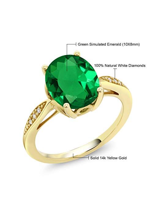 Gem Stone King 14K Yellow Gold Green Simulated Emerald and Diamond Engagement Ring For Women (2.24 Cttw, Available In Size 5, 6, 7, 8, 9)