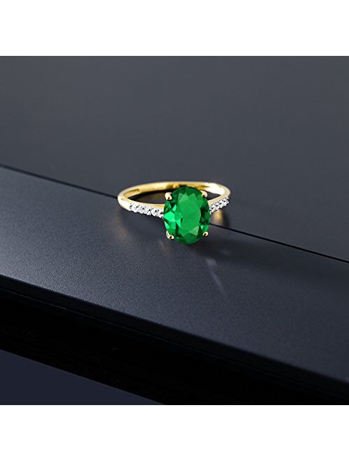 Gem Stone King 10K Yellow Gold Green Simulated Emerald and White Diamond Engagement Ring For Women (2.32 Cttw, Available in size 5, 6, 7, 8, 9)