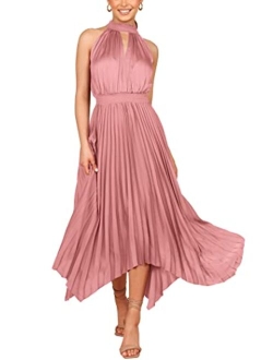 Summer Dress for Women Elegant Halter Neck Cut Out Irregular Hem Pleated Midi A-Line Flowy Dresses