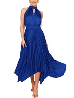 Summer Dress for Women Elegant Halter Neck Cut Out Irregular Hem Pleated Midi A-Line Flowy Dresses