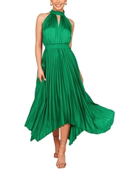 Summer Dress for Women Elegant Halter Neck Cut Out Irregular Hem Pleated Midi A-Line Flowy Dresses