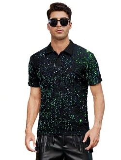 Men's Contrast Sequin Stand Collar Shirt Short Sleeve Party Polo Shirt Top