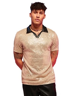 Men's Contrast Sequin Stand Collar Shirt Short Sleeve Party Polo Shirt Top