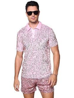 Men's Contrast Sequin Stand Collar Shirt Short Sleeve Party Polo Shirt Top