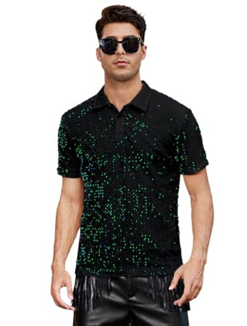 WDIRARA Men's Contrast Sequin Stand Collar Shirt Short Sleeve Party Polo Shirt Top