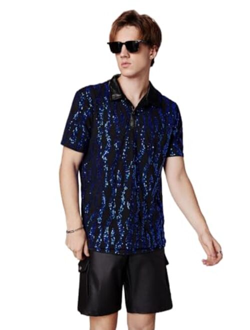 WDIRARA Men's Contrast Sequin Stand Collar Shirt Short Sleeve Party Polo Shirt Top