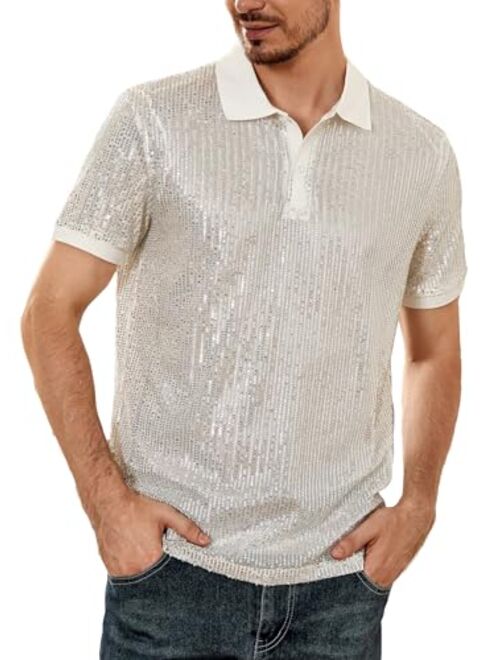 WDIRARA Men's Contrast Sequin Stand Collar Shirt Short Sleeve Party Polo Shirt Top