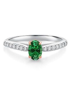 Gem Stone King 0.53 Ct Green Created Emerald G/H Lab Grown Diamond 10K White and Rose Gold Engagement Ring