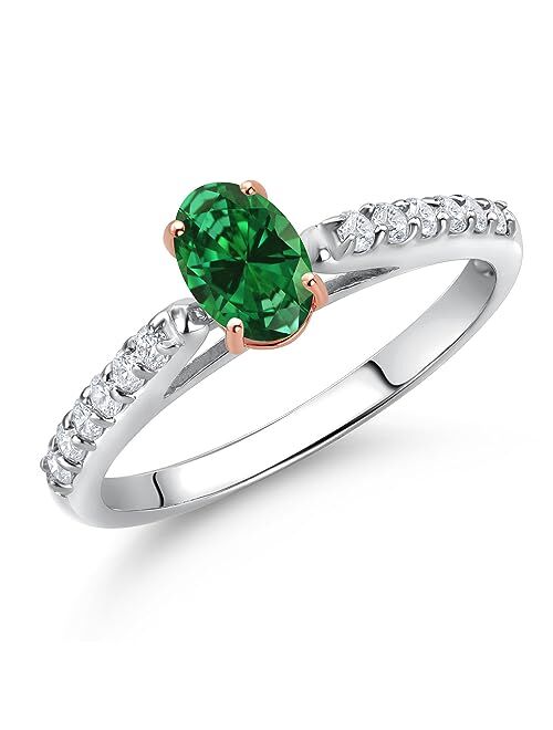 Gem Stone King 0.53 Ct Green Created Emerald G/H Lab Grown Diamond 10K White and Rose Gold Engagement Ring