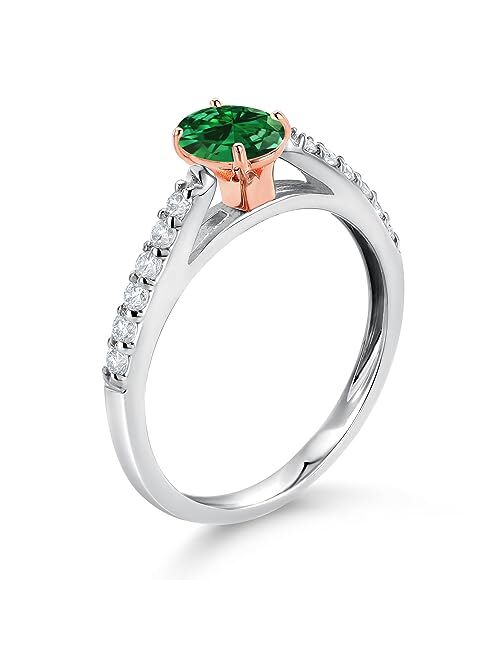 Gem Stone King 0.53 Ct Green Created Emerald G/H Lab Grown Diamond 10K White and Rose Gold Engagement Ring