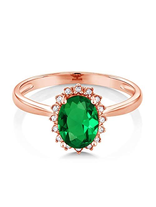 Gem Stone King 0.80 Ct Oval Green Simulated Emerald 10K Rose Gold Halo Diamond Engagement Ring