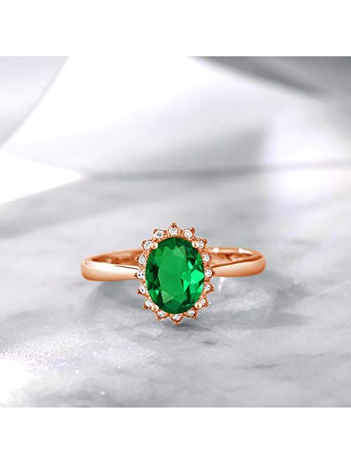 Gem Stone King 0.80 Ct Oval Green Simulated Emerald 10K Rose Gold Halo Diamond Engagement Ring