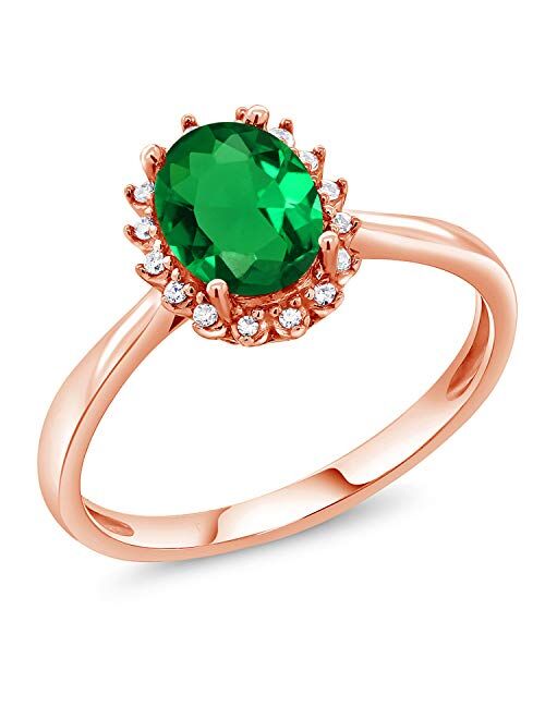 Gem Stone King 0.80 Ct Oval Green Simulated Emerald 10K Rose Gold Halo Diamond Engagement Ring