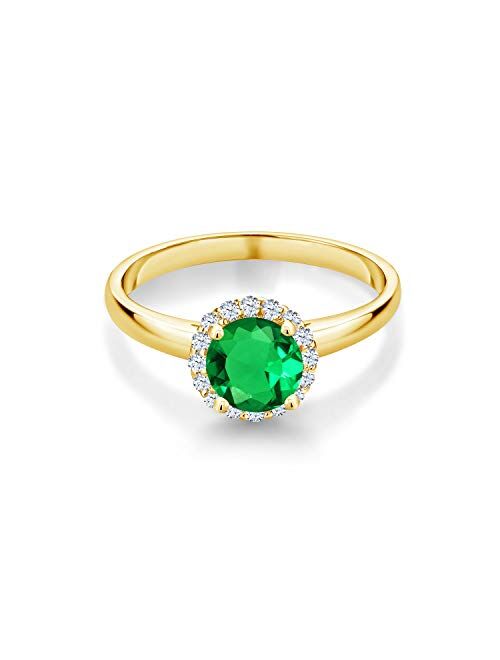 Gem Stone King 0.96 Ct Round Green Nano Emerald White Created Sapphire 10K Yellow Gold Ring