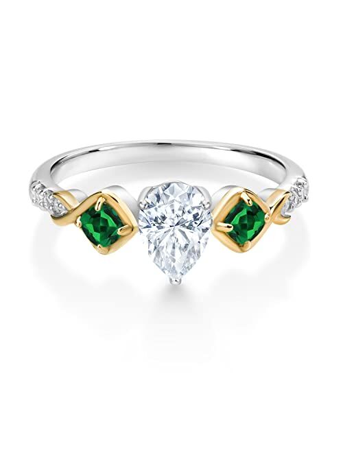 Gem Stone King 925 Silver and 10K Yellow Gold Green Nano Emerald Ring Set with Moissanite (1.06 Cttw)