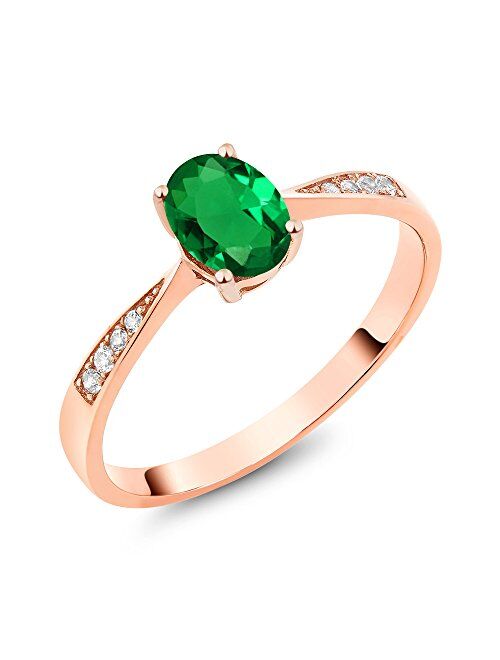 Gem Stone King 10K Rose Gold Diamond Ring with 0.66 Ct Oval Green Simulated Emerald