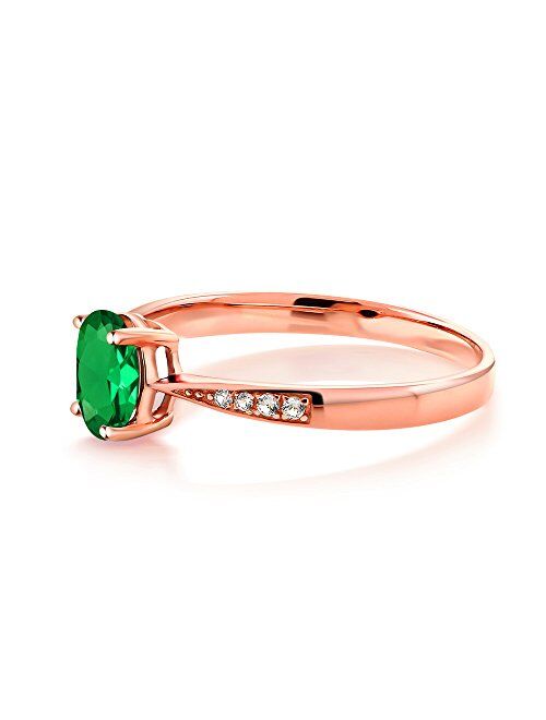 Gem Stone King 10K Rose Gold Diamond Ring with 0.66 Ct Oval Green Simulated Emerald