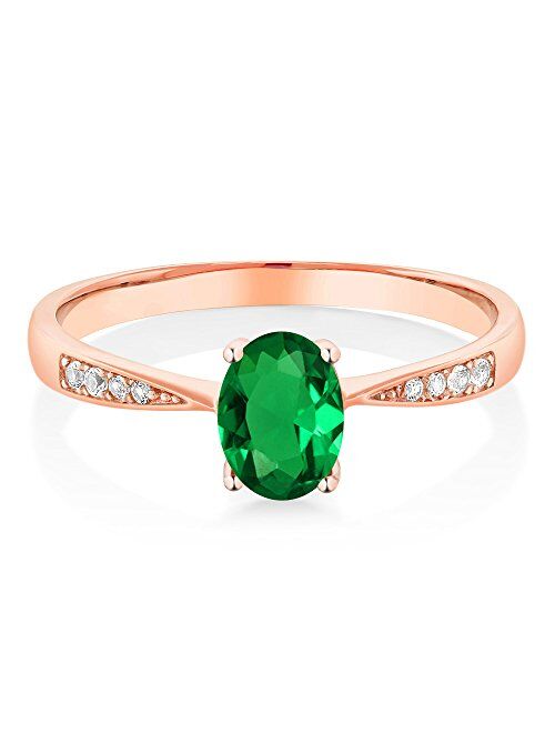 Gem Stone King 10K Rose Gold Diamond Ring with 0.66 Ct Oval Green Simulated Emerald