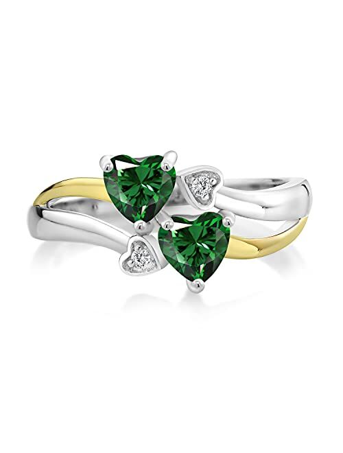 Gem Stone King 1.02 Ct Green Nano Emerald 925 Silver and 10K Yellow Gold Lab Grown Diamond Ring with 4 Hearts