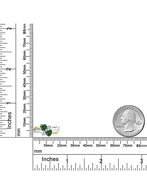 Gem Stone King 1.02 Ct Green Nano Emerald 925 Silver and 10K Yellow Gold Lab Grown Diamond Ring with 4 Hearts