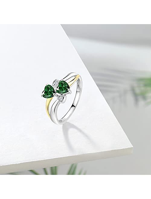 Gem Stone King 1.02 Ct Green Nano Emerald 925 Silver and 10K Yellow Gold Lab Grown Diamond Ring with 4 Hearts